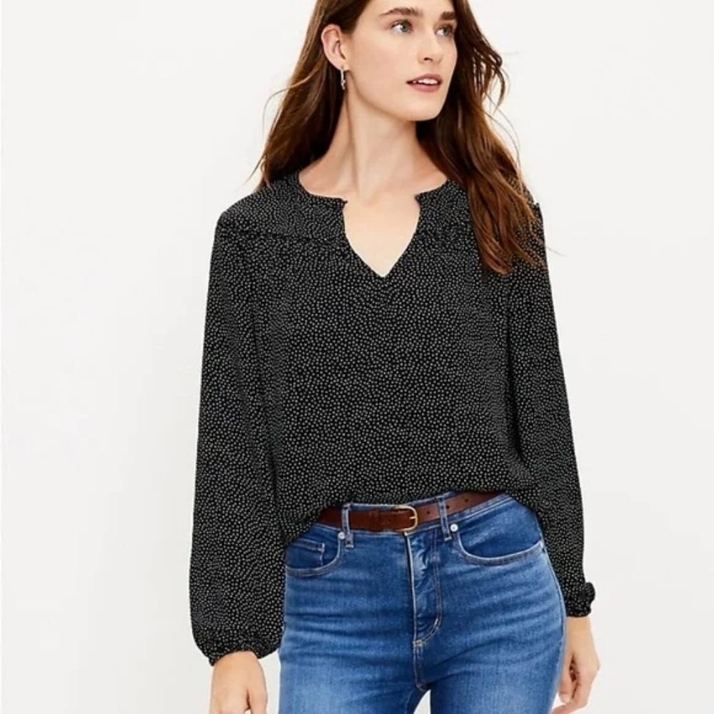 LOFT Navy and White Dotted Blouse